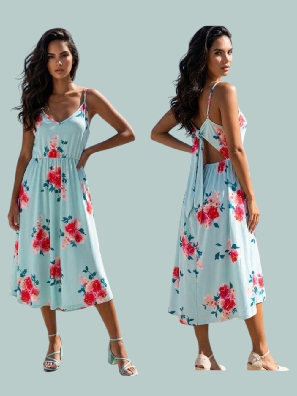 OUGES Floral Midi Dress Women XL CutOut Back Cotton Stretch Party Beach Festival